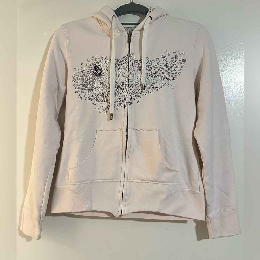 Volcom Pale Pink Zip Hoodie with Black Nature Graphic